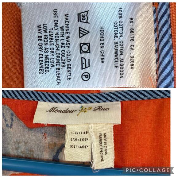 Anthropologie Meadow Rue Orange Dog Print Blouse 10P Ruffle Pleated Sheer Cotton - Picture 12 of 15